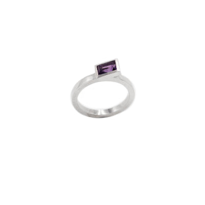 rectangular minimalist white gold ring with amethyst 