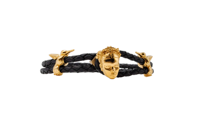 Frida Kahlo X shawe bracelet in steling silver and gold plated with hummingbirds, Frida's lips and black leather 
